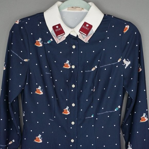 Miss Patina Kiterture Books Cat Kitten Dress in Navy size Small Excellent Condit - Picture 6 of 15